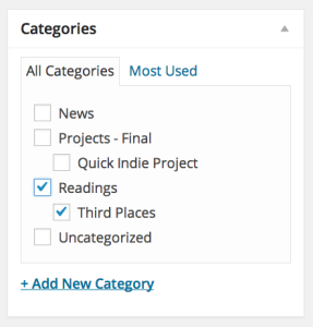 When you create a new blog post to respond to this week's reading, check the "Third Places" category on the right panel before you publish.